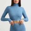 Rückenfreies, langärmeliges Crop-Top mit Rollkragen in Stahlblau Rückenfreies, langärmeliges Crop-Top mit Rollkragen in Stahlblau
