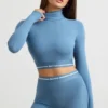 Rückenfreies, langärmeliges Crop-Top mit Rollkragen in Stahlblau Rückenfreies, langärmeliges Crop-Top mit Rollkragen in Stahlblau