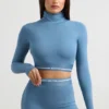 Rückenfreies, langärmeliges Crop-Top mit Rollkragen in Stahlblau Rückenfreies, langärmeliges Crop-Top mit Rollkragen in Stahlblau
