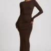Regine Modal-Maxikleid mit Rüschen und rückenfreiem Ausschnitt in Schokoladenbraun Regine Modal-Maxikleid mit Rüschen und rückenfreiem Ausschnitt in Schokoladenbraun