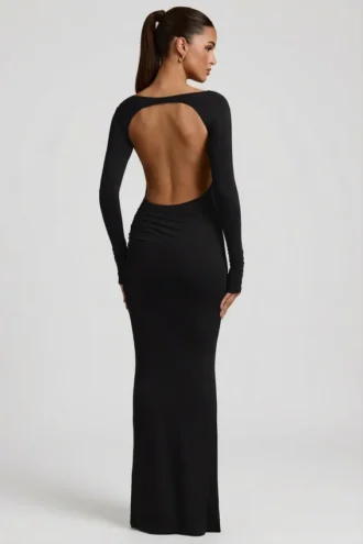 Regine Modal-Maxikleid mit Rüschen und rückenfreiem Ausschnitt in Schwarz
