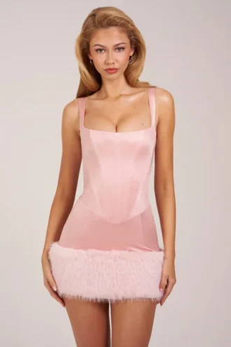 Rixelle Satin-Korsett-Minikleid mit quadratischem Ausschnitt und Kunstfell in Blush Pink