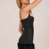 Rixelle Satin-Minikleid mit quadratischem Ausschnitt, Korsett und Kunstfell in Schwarz