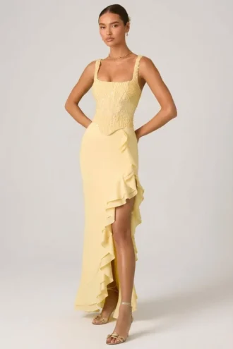 Robina – Verziertes Korsettkleid mit Rüschenbesatz in Gelb