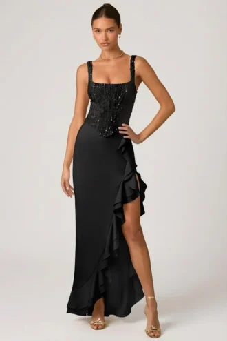 Robina – Verziertes Korsettkleid mit Rüschenbesatz in Schwarz