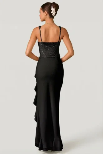 Robina – Verziertes Korsettkleid mit Rüschenbesatz in Schwarz