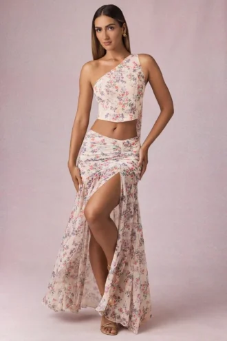 Romy Asymmetrischer Maxirock mit Rüschen im Primrose-Blumenprint