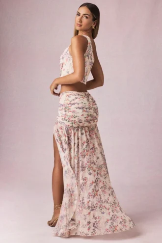 Romy Asymmetrischer Maxirock mit Rüschen im Primrose-Blumenprint