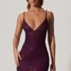 Ronja verziertes, tief ausgeschnittenes, halbtransparentes Minikleid in Deep Purple Ronja verziertes, tief ausgeschnittenes, halbtransparentes Minikleid in Deep Purple