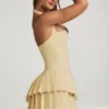 Rosaria Asymmetrisches, mehrlagiges Neckholder-Minikleid in Pastellgelb