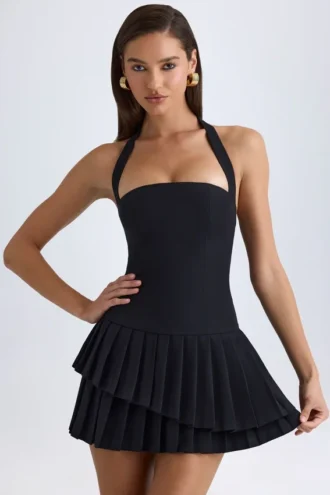 Rosaria asymmetrisches, mehrlagiges Neckholder-Minikleid in Schwarz
