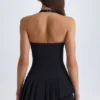 Rosaria asymmetrisches, mehrlagiges Neckholder-Minikleid in Schwarz