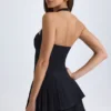 Rosaria asymmetrisches, mehrlagiges Neckholder-Minikleid in Schwarz
