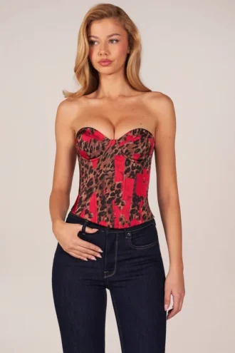 Rose Bandeau-Korsett-Oberteil mit Schnürung in rosa Leopardenmuster
