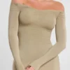 Roxana Langarm-Maxikleid aus Modal-Kaschmir-Mischung mit schulterfreiem Ausschnitt in Taupe