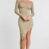 Roxana Langarm-Maxikleid aus Modal-Kaschmir-Mischung mit schulterfreiem Ausschnitt in Taupe