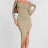 Roxana Langarm-Maxikleid aus Modal-Kaschmir-Mischung mit schulterfreiem Ausschnitt in Taupe