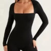 Rue Langarm-Unitard mit quadratischem Ausschnitt in Schwarz Rue Langarm-Unitard mit quadratischem Ausschnitt in Schwarz