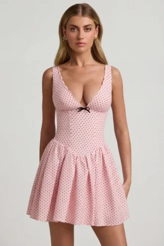 Sabina A-Linien-Minikleid mit Schleifendetail in rosa Polka-Dots