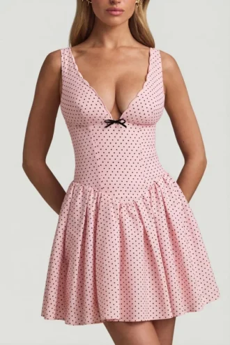 Sabina A-Linien-Minikleid mit Schleifendetail in rosa Polka-Dots