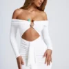 Saffron Off-Shoulder-Minikleid mit Cut-outs und Metallverzierungen in Weiß