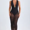 Safira Ruched Plunge Midaxi-Kleid in Schwarz