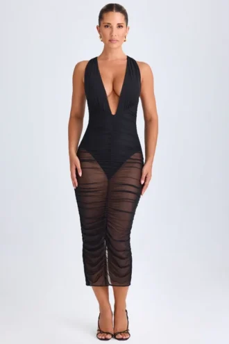 Safira Ruched Plunge Midaxi-Kleid in Schwarz