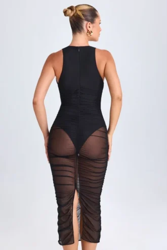 Safira Ruched Plunge Midaxi-Kleid in Schwarz