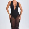Safira Ruched Plunge Midaxi-Kleid in Schwarz