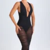 Safira Ruched Plunge Midaxi-Kleid in Schwarz