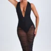Safira Ruched Plunge Midaxi-Kleid in Schwarz