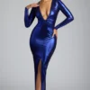 safiya Langärmliges Abendkleid aus Metallic-Jersey in Electric Blue