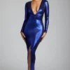 safiya Langärmliges Abendkleid aus Metallic-Jersey in Electric Blue