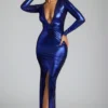 safiya Langärmliges Abendkleid aus Metallic-Jersey in Electric Blue