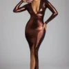 Safiya Langärmliges Abendkleid aus Metallic-Jersey in Kupferbronze