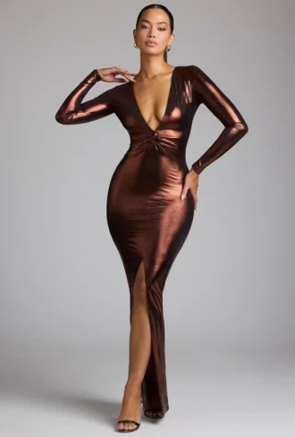 Safiya Langärmliges Abendkleid aus Metallic-Jersey in Kupferbronze