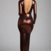 Safiya Langärmliges Abendkleid aus Metallic-Jersey in Kupferbronze