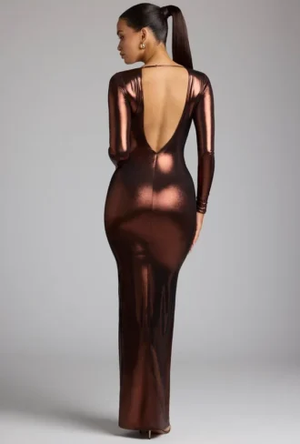 Safiya Langärmliges Abendkleid aus Metallic-Jersey in Kupferbronze