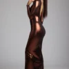 Safiya Langärmliges Abendkleid aus Metallic-Jersey in Kupferbronze