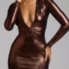 Safiya Langärmliges Abendkleid aus Metallic-Jersey in Kupferbronze