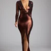 Safiya Langärmliges Abendkleid aus Metallic-Jersey in Kupferbronze