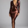 Safiya Langärmliges Abendkleid aus Metallic-Jersey in Kupferbronze
