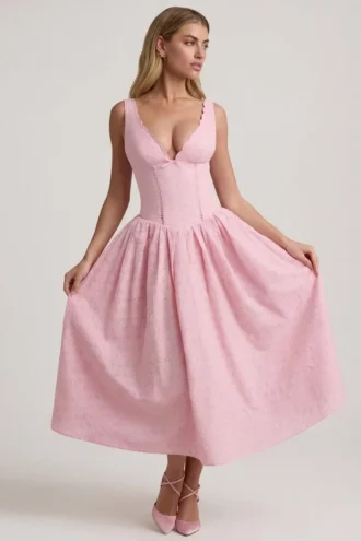 Saidey A-Linien-Midaxi-Kleid in zartem Rosa mit Broderie-Anglaise-Schleife
