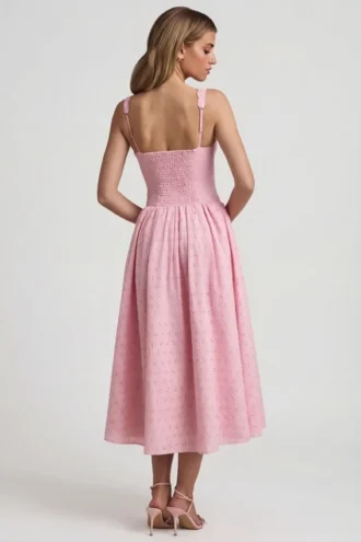 Saidey A-Linien-Midaxi-Kleid in zartem Rosa mit Broderie-Anglaise-Schleife