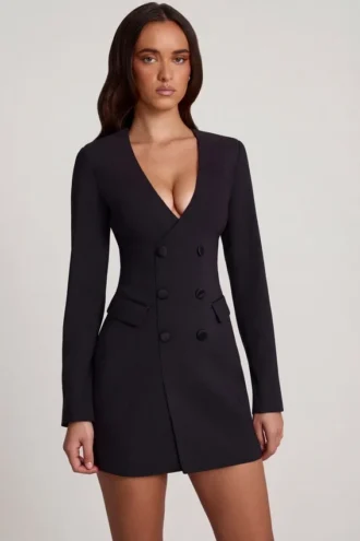 Samantae Strukturiertes Einreiher-Blazer-Minikleid in Schwarz