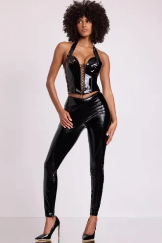 Samara Vinyl-Leggings mit hoher V-Taille in Schwarz