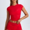 Santana transparentes, gerafftes, kurzes T-Shirt in Fiery Red Santana transparentes, gerafftes, kurzes T-Shirt in Fiery Red