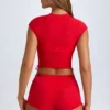 Santana transparentes, gerafftes, kurzes T-Shirt in Fiery Red Santana transparentes, gerafftes, kurzes T-Shirt in Fiery Red