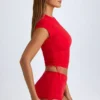 Santana transparentes, gerafftes, kurzes T-Shirt in Fiery Red Santana transparentes, gerafftes, kurzes T-Shirt in Fiery Red
