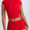 Santana transparentes, gerafftes, kurzes T-Shirt in Fiery Red Santana transparentes, gerafftes, kurzes T-Shirt in Fiery Red